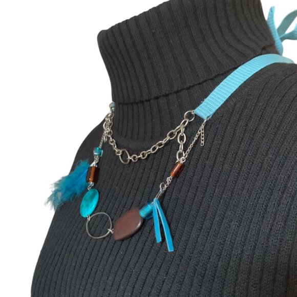 3x35$ 🐿 🍁 CREATION -Short necklace double layers with ribbon attach Aqua brown - Picture 3 of 10